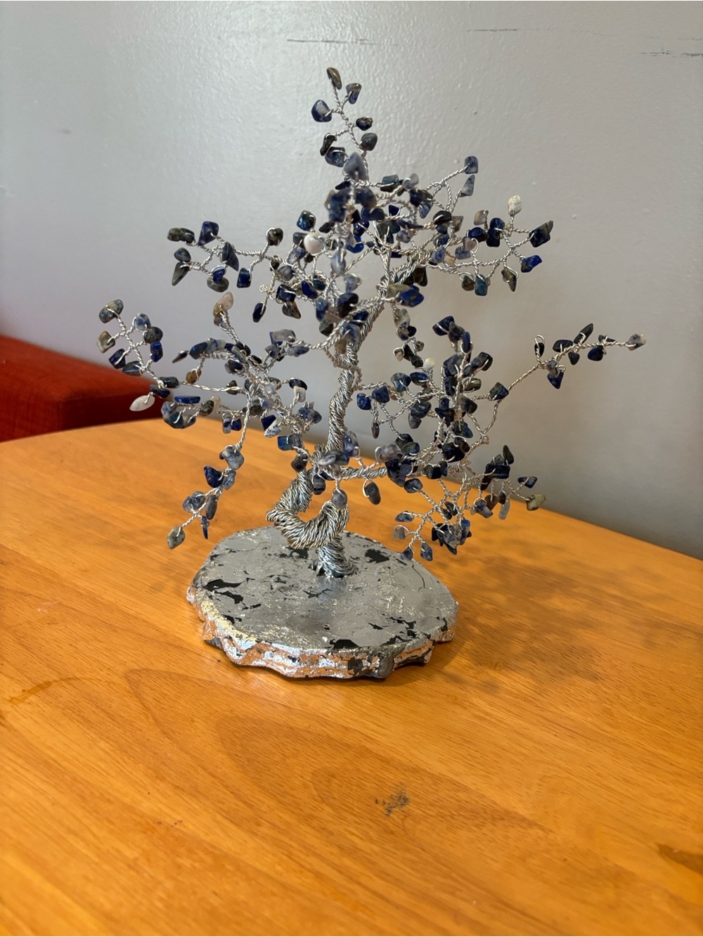 Handcrafted Silver Wire Tree Sculpture with Blue Gem Leaves